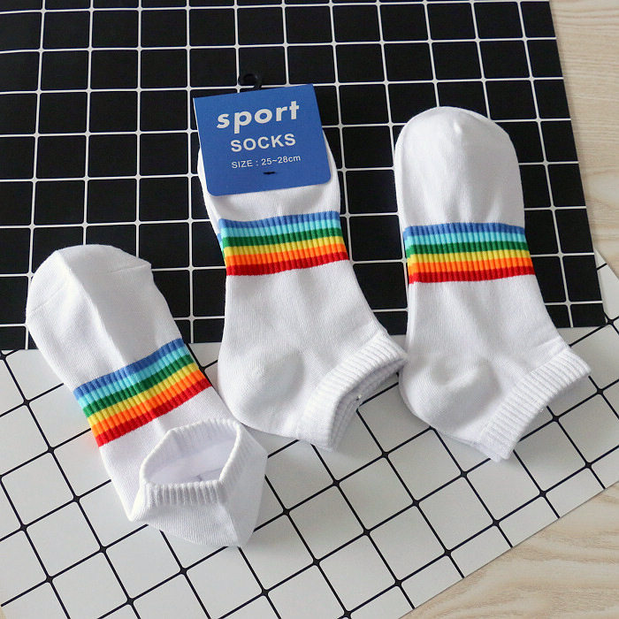 5双装男士袜子纯棉白色彩虹条纹束腰短袜吸汗透气运动舒适船袜