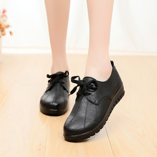 肯德基工作鞋平底软底防滑女鞋厨房鞋中餐厅黑皮鞋春秋妈妈鞋单鞋