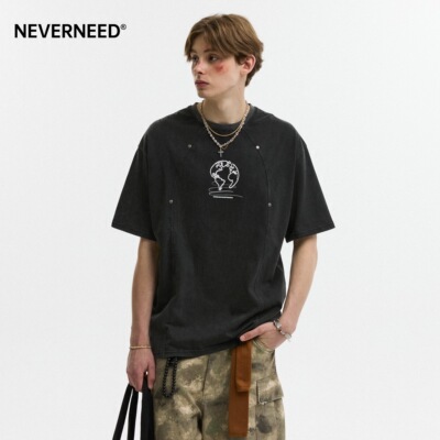 NEVERNEED水洗做旧印花短袖T恤男