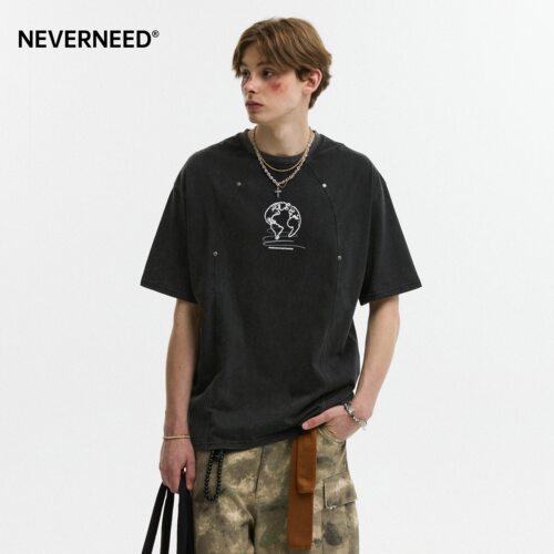 NEVERNEED水洗做旧印花短袖T恤男