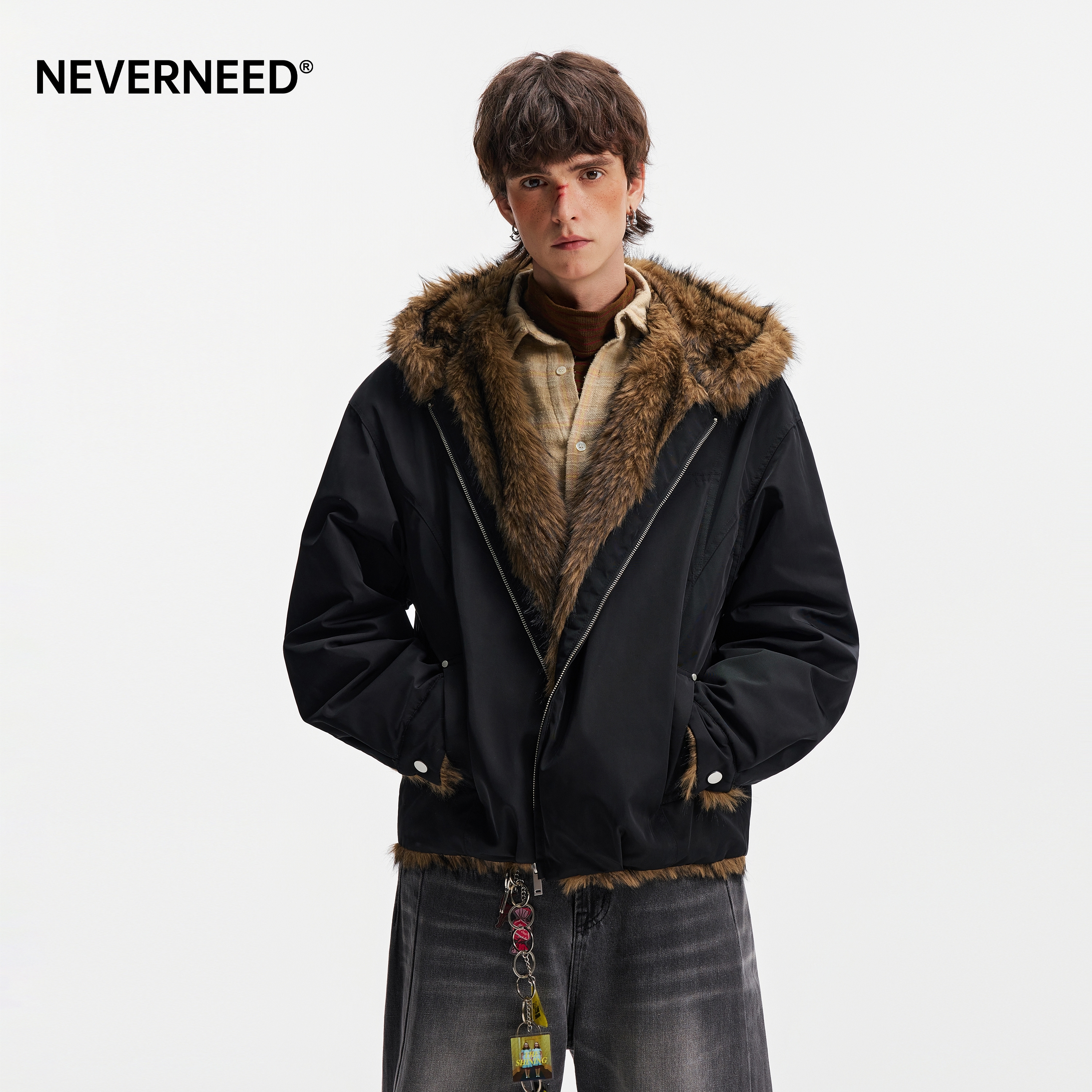 NEVERNEED座山雕解构毛领棉衣男