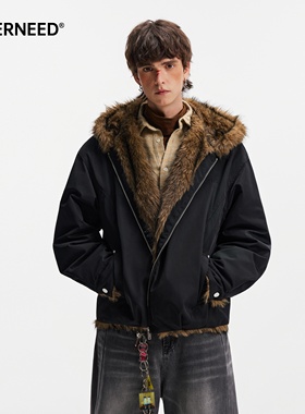 NEVERNEED座山雕解构毛领棉衣男秋冬季美式加厚保暖棉服外套