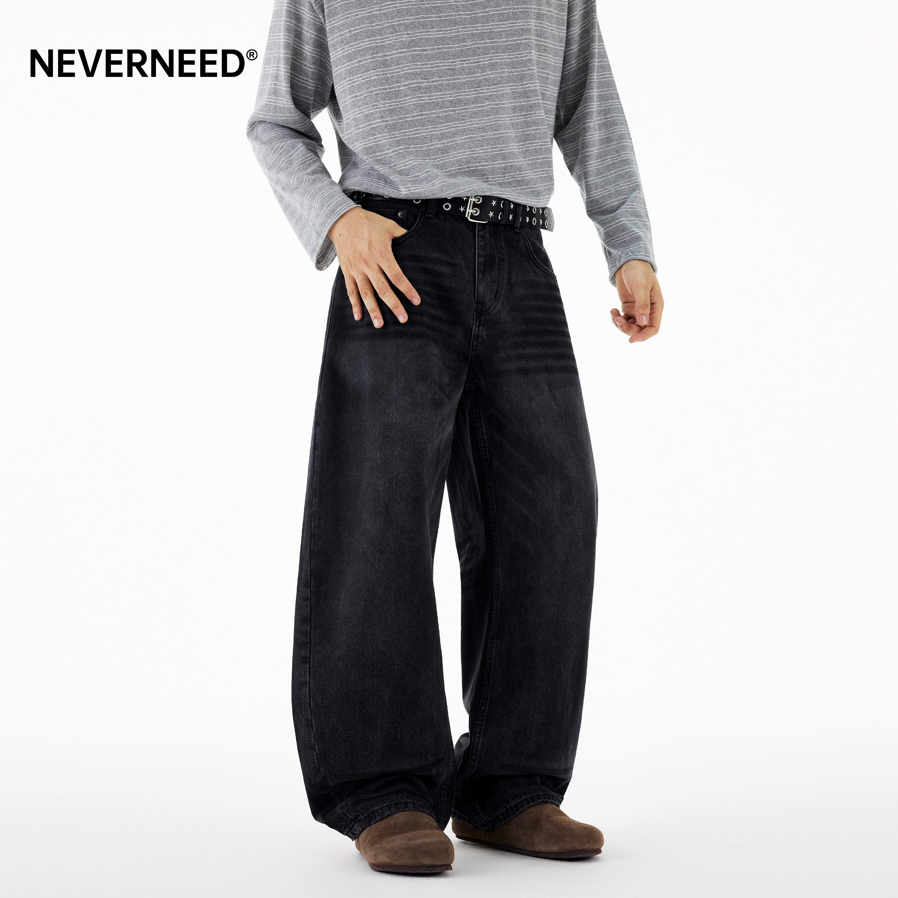 NEVERNEED猫须水洗弯刀牛仔裤男图片