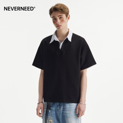 NEVERNEED假两件撞色V领POLO衫男