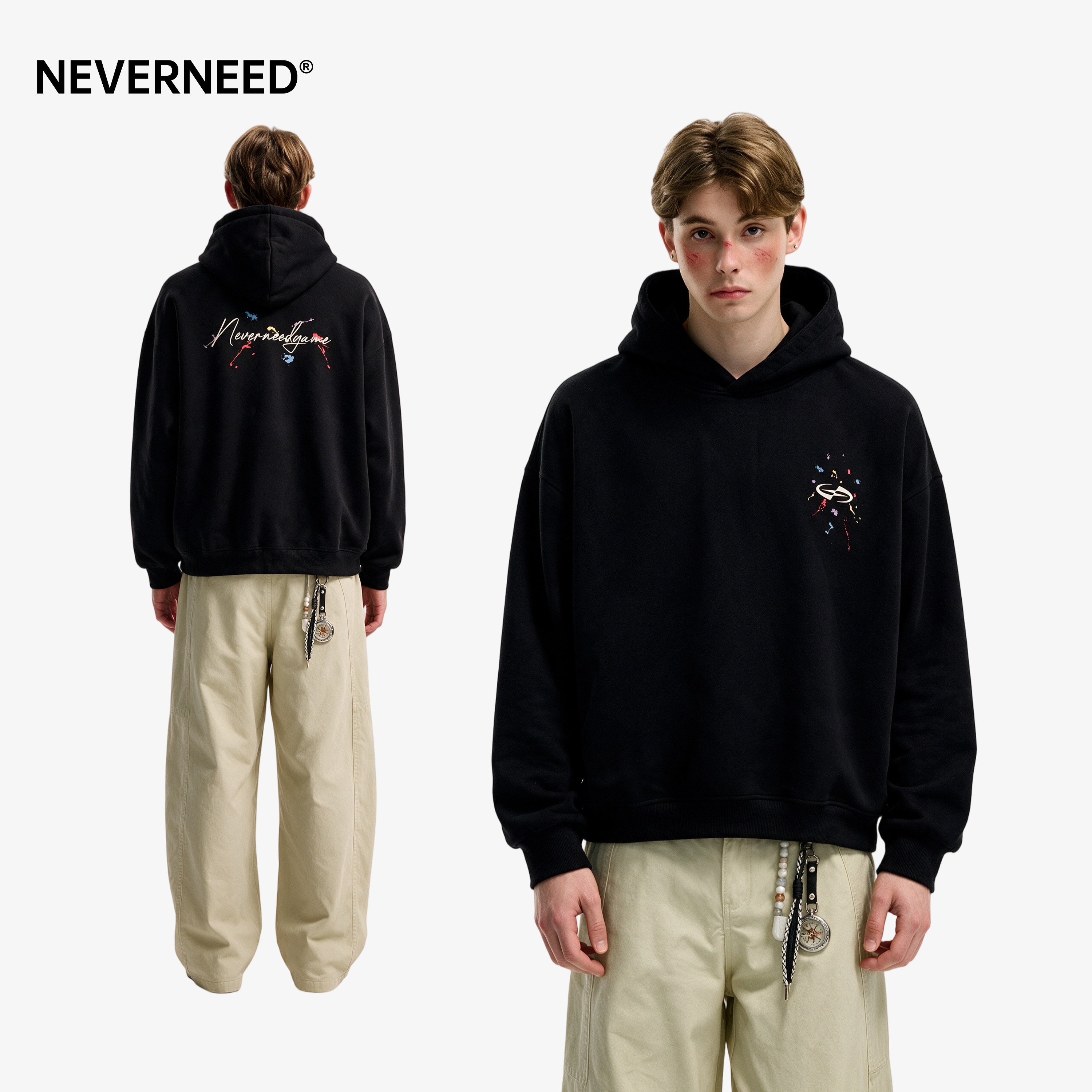 NEVERNEED黑色印花连帽卫衣男女图片