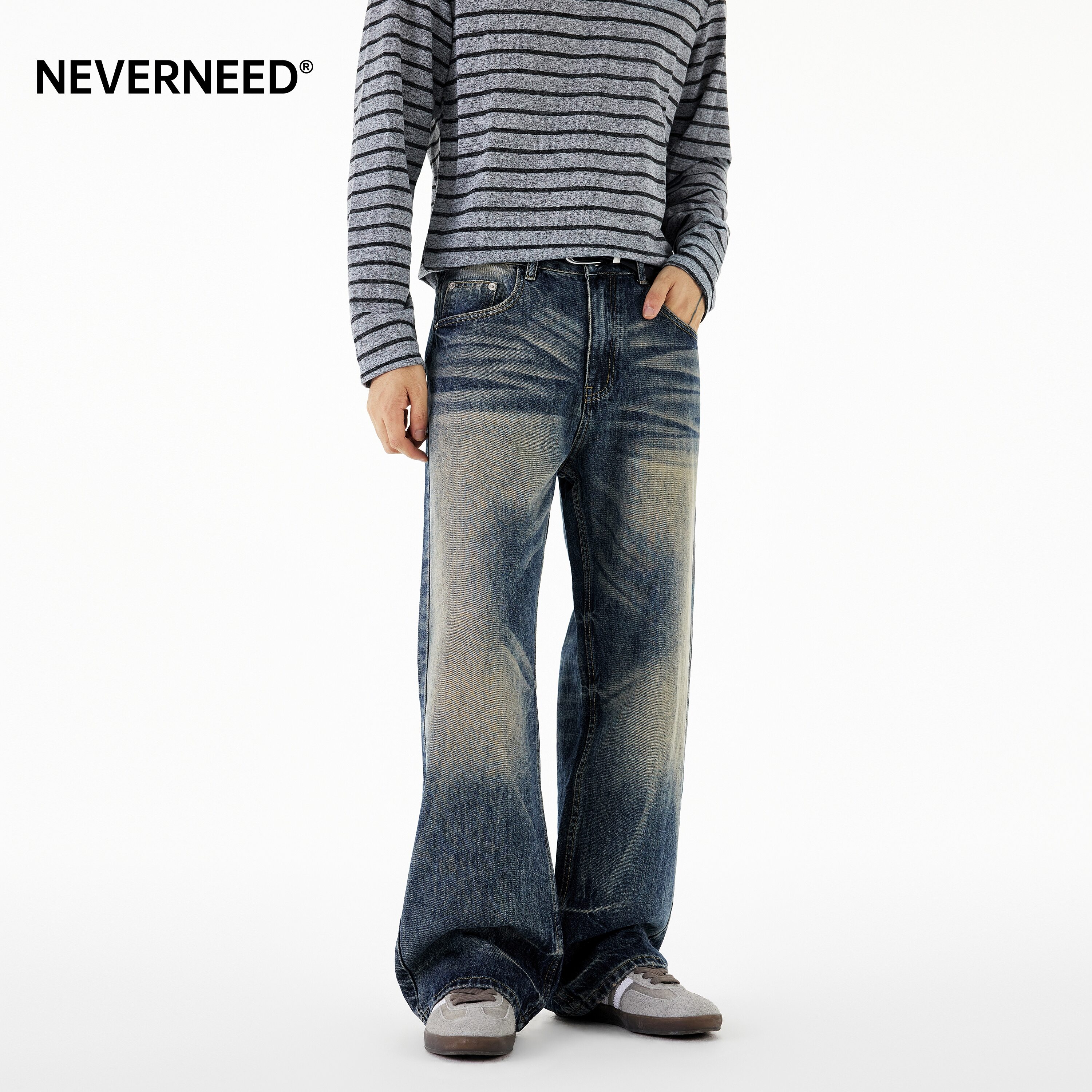 NEVERNEED猫须水洗直筒牛仔裤男图片