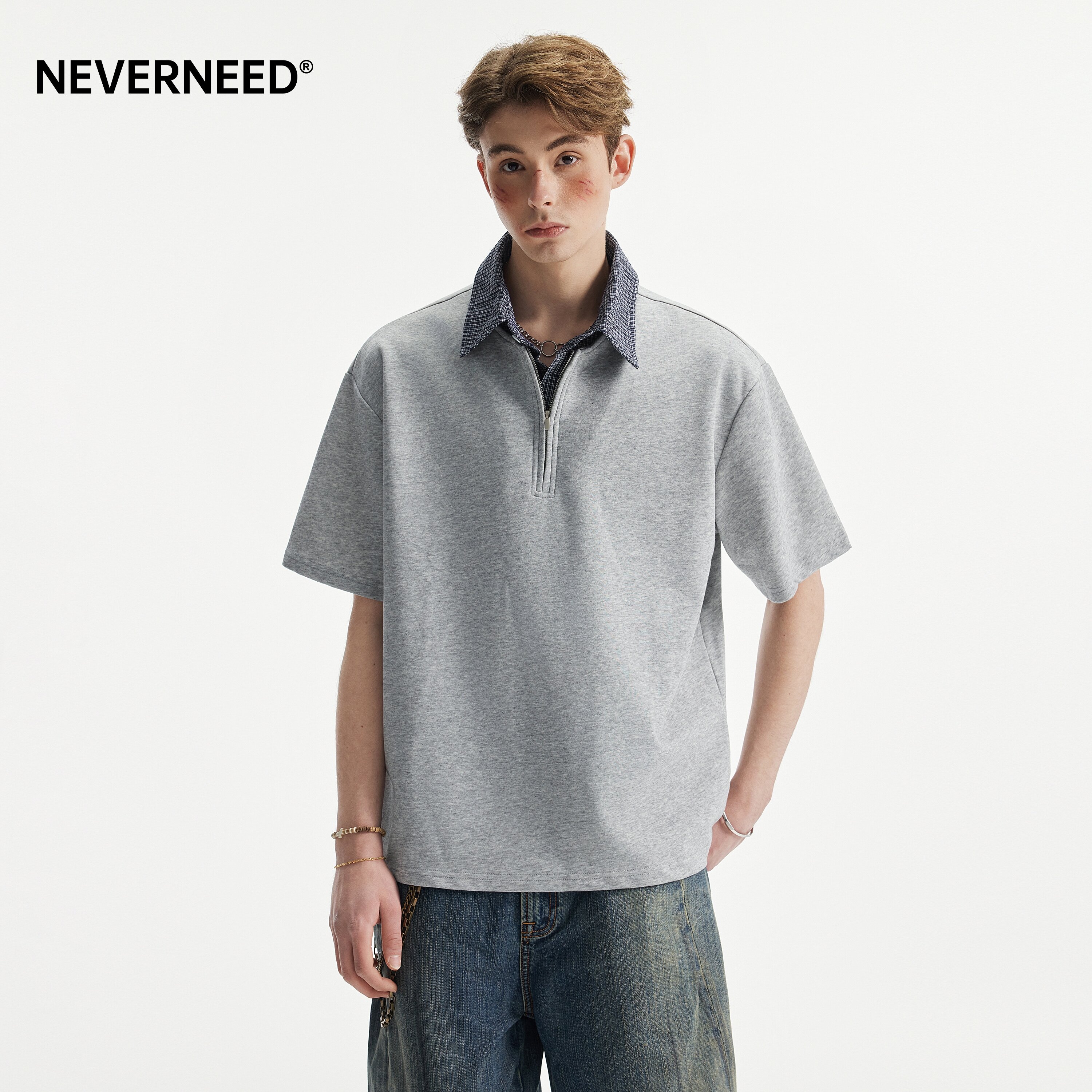 NEVERNEED假两件格子翻领T恤男图片