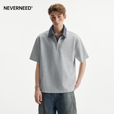NEVERNEED假两件格子翻领T恤男