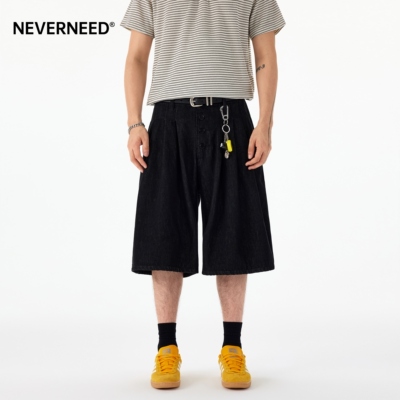 NEVERNEED原牛排扣直筒牛仔短裤
