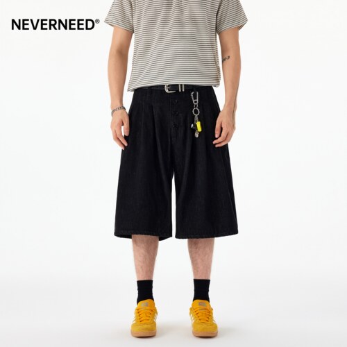 NEVERNEED原牛排扣直筒牛仔短裤