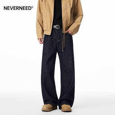NEVERNEED原色加绒直筒牛仔裤男
