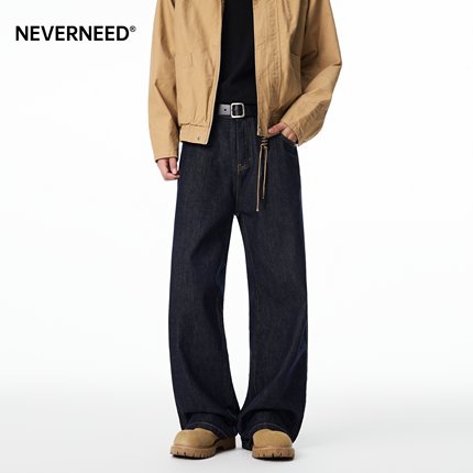 NEVERNEED原色加绒加厚直筒牛仔裤男女冬季美式cleanfit宽松A字裤