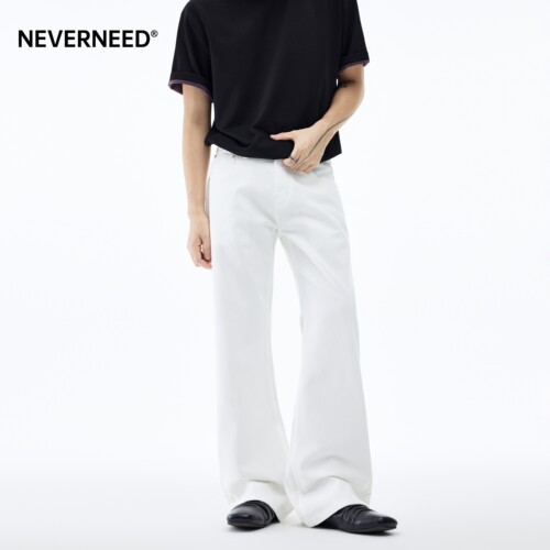 NEVERNEED白色纯棉微喇牛仔裤男