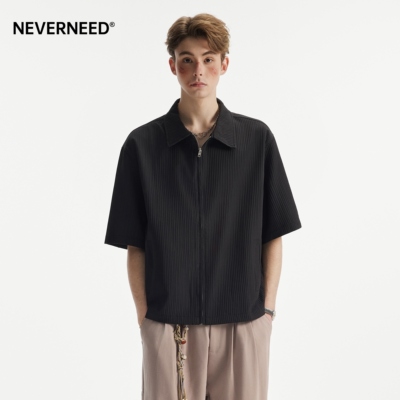 NEVERNEED肌理感褶皱短袖衬衫男