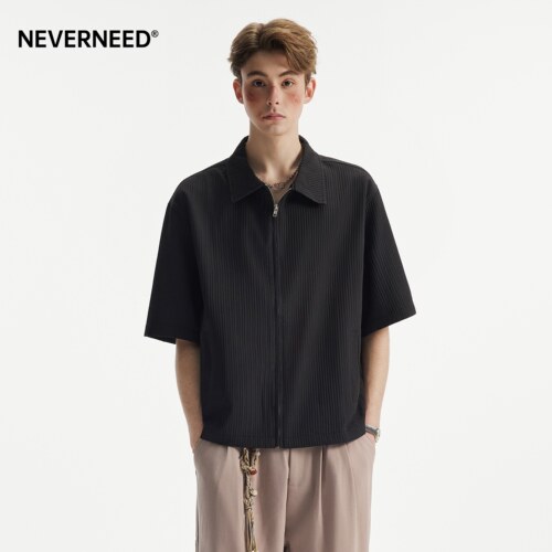 NEVERNEED肌理感褶皱短袖衬衫男