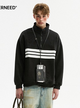 NEVERNEED黑色重磅条纹卫衣男女秋季美式潮牌情侣半拉链套头上衣