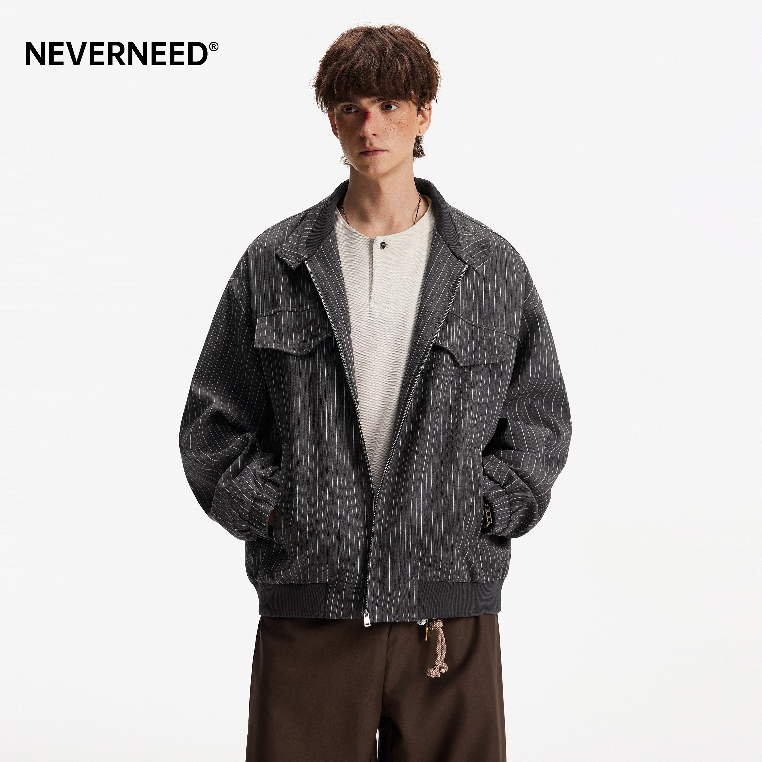NEVERNEED复古条纹翻领夹克男女图片