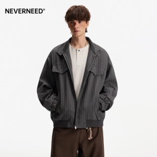 NEVERNEED老钱风竖条纹翻领夹克男春季美式cleanfit宽松复古外套