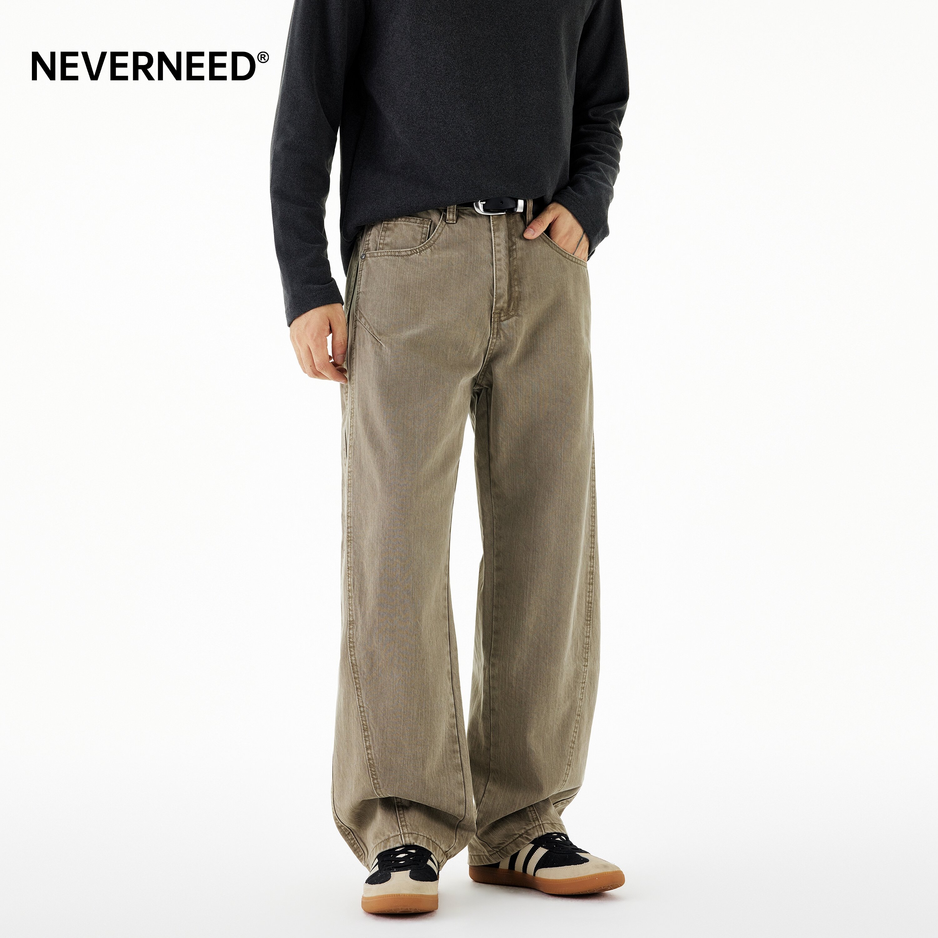 NEVERNEED拼接解构直筒牛仔裤男图片