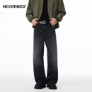 cleanfit水洗微喇长裤 美式 男秋季 NEVERNEED闪电纹黑色直筒牛仔裤