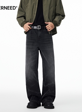 NEVERNEED闪电纹黑色直筒牛仔裤男秋季美式cleanfit水洗微喇长裤