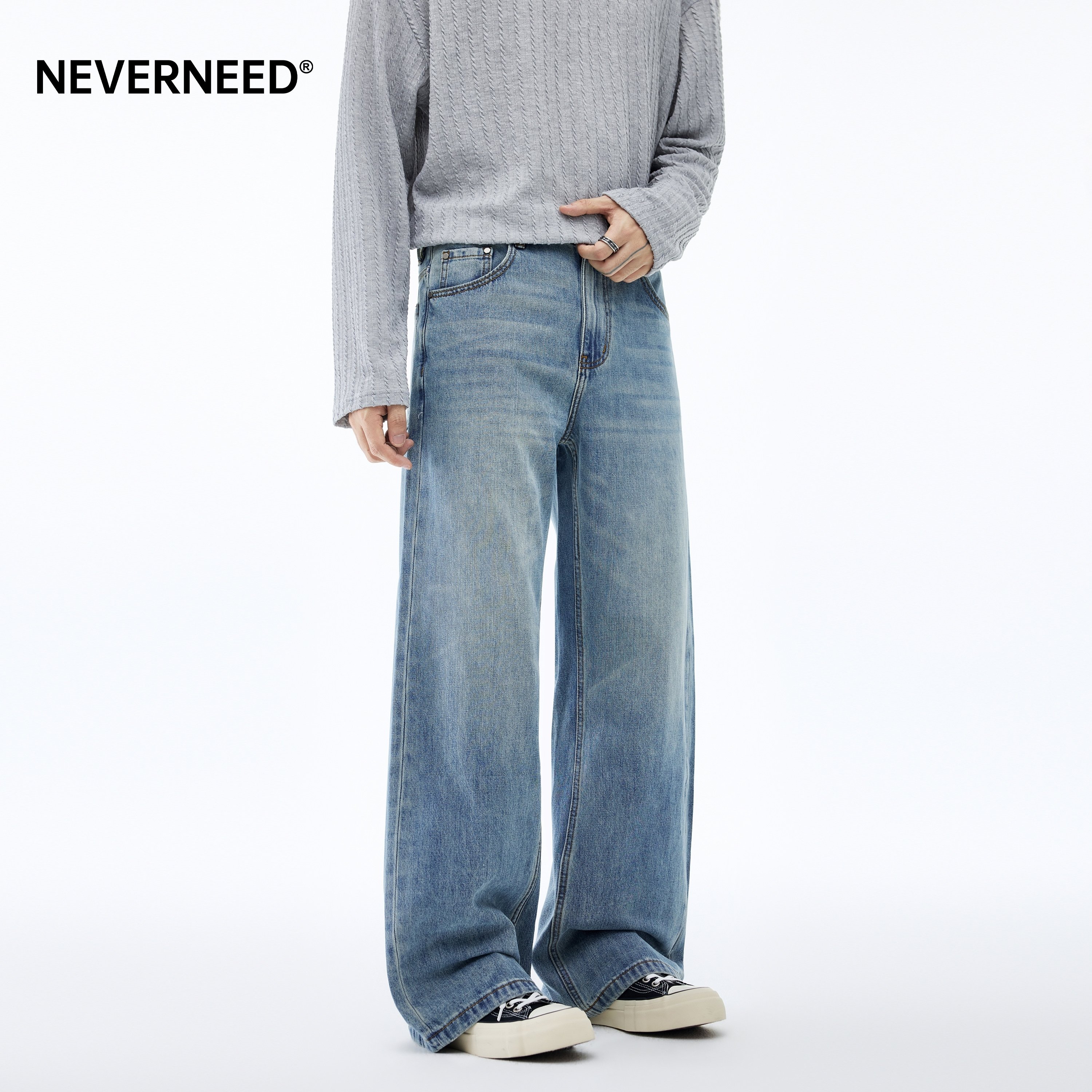 NEVERNEED水洗猫须直筒牛仔裤男女春季美式复古cleanfit纯棉A字裤
