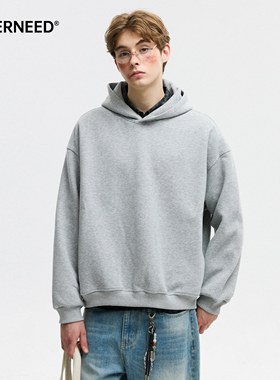 NEVERNEED重磅boxy短宽加绒连帽卫衣男女美式cleanfit纯灰色帽衫