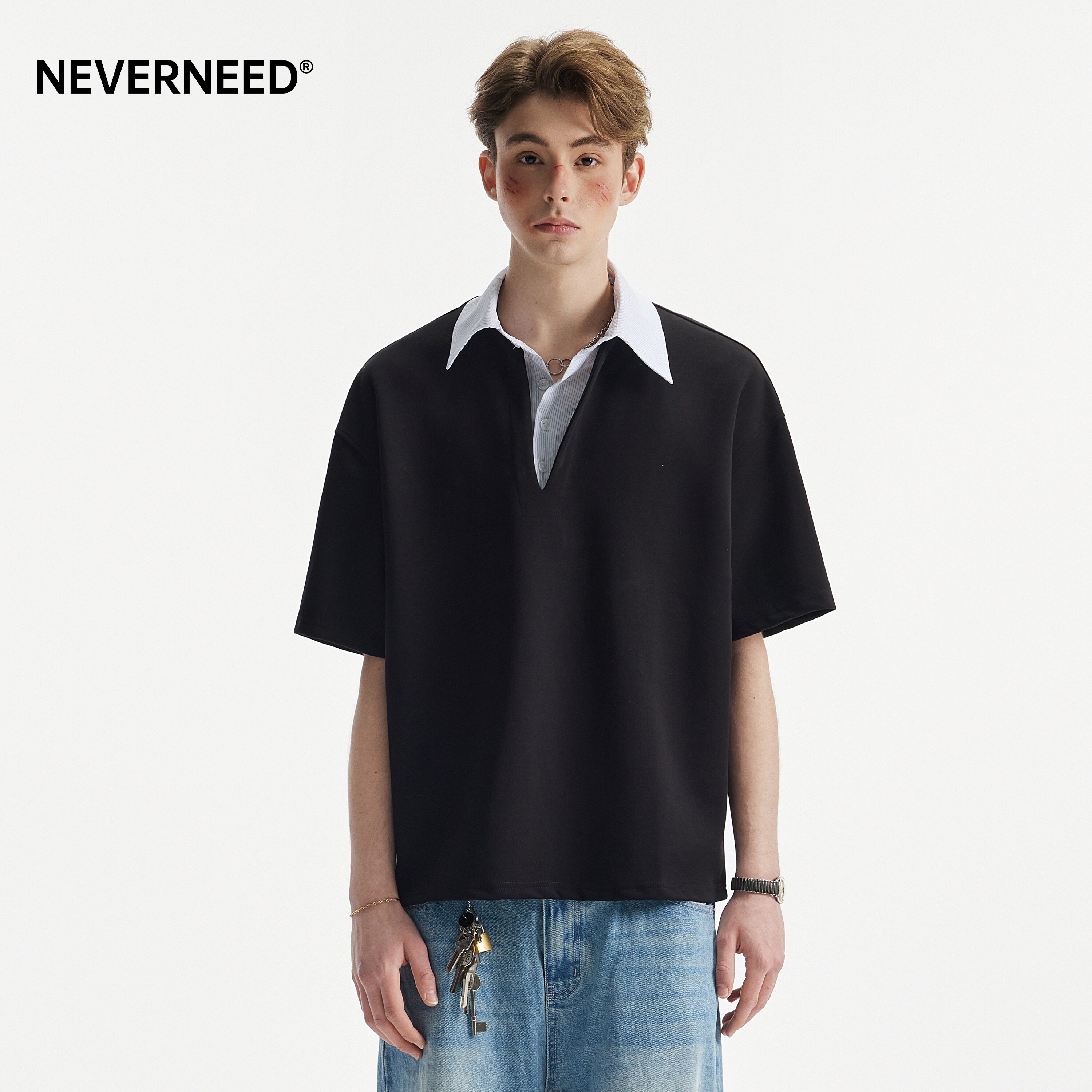 NEVERNEED假两件拼接POLO衫男图片