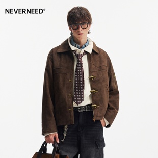 复古vintage麂皮外套 美式 NEVERNEED老钱风飞机扣短款 夹克男女秋季