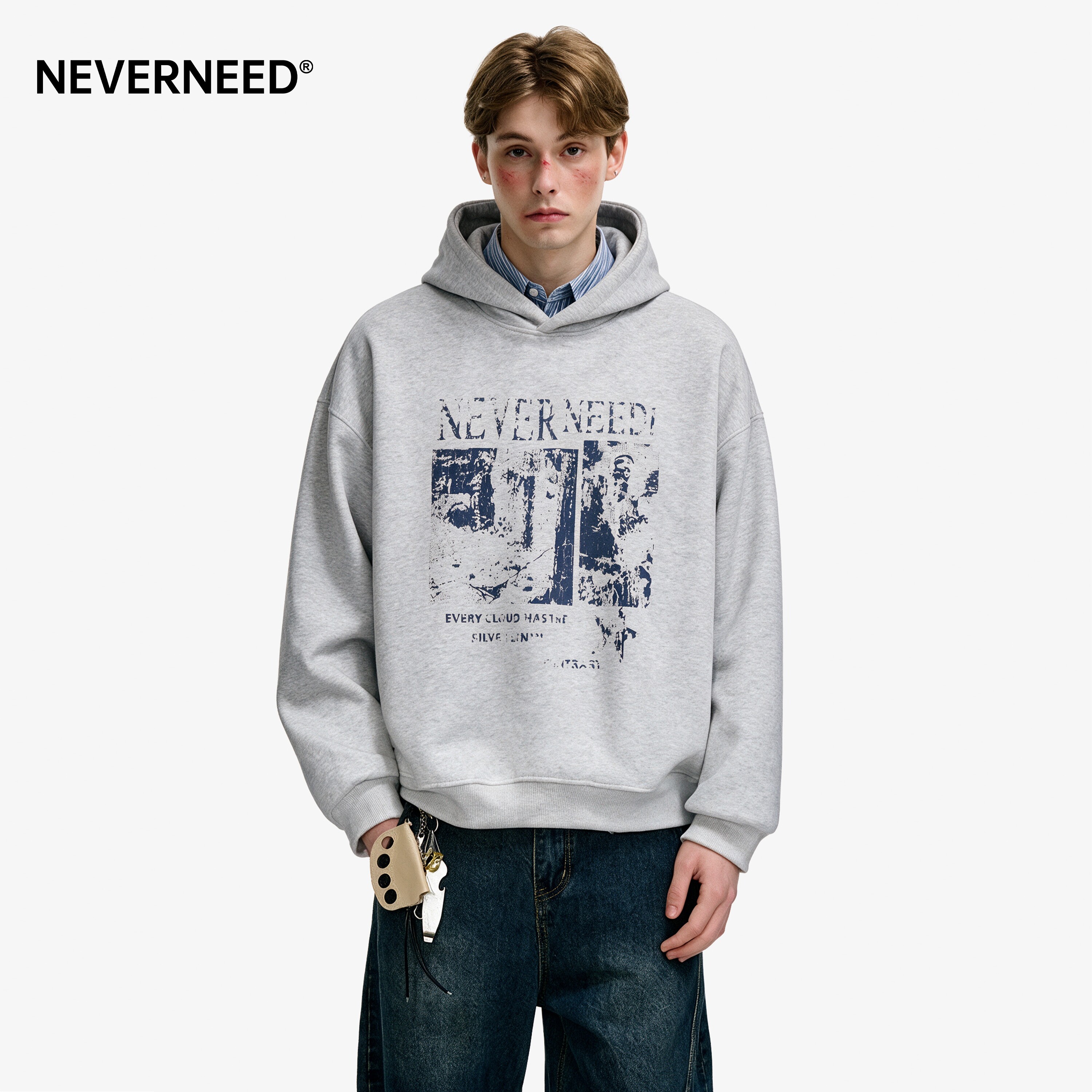 NEVERNEED字母印花连帽卫衣男女秋季美式街头设计感短款套头帽衫