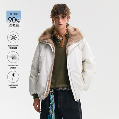 NEVERNEED座山雕拼接毛领羽绒服