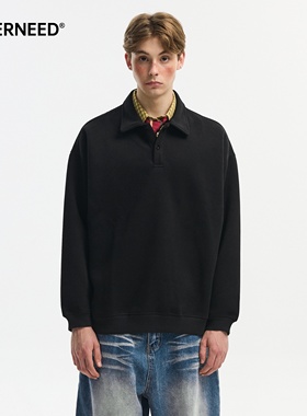 NEVERNEED重磅黑色POLO领卫衣男女秋季美式复古情侣休闲长袖上衣
