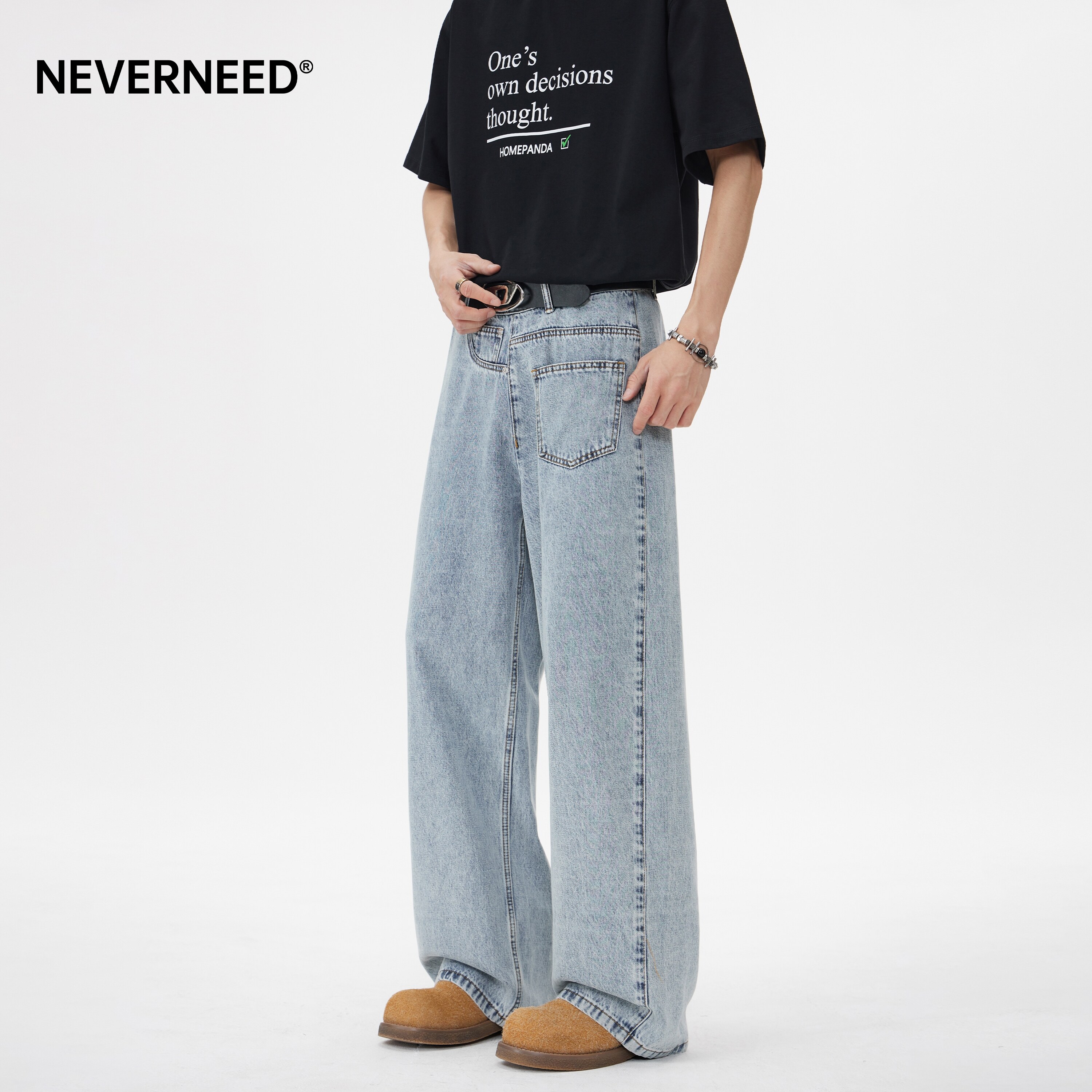 NEVERNEED复古水洗直筒牛仔裤男图片