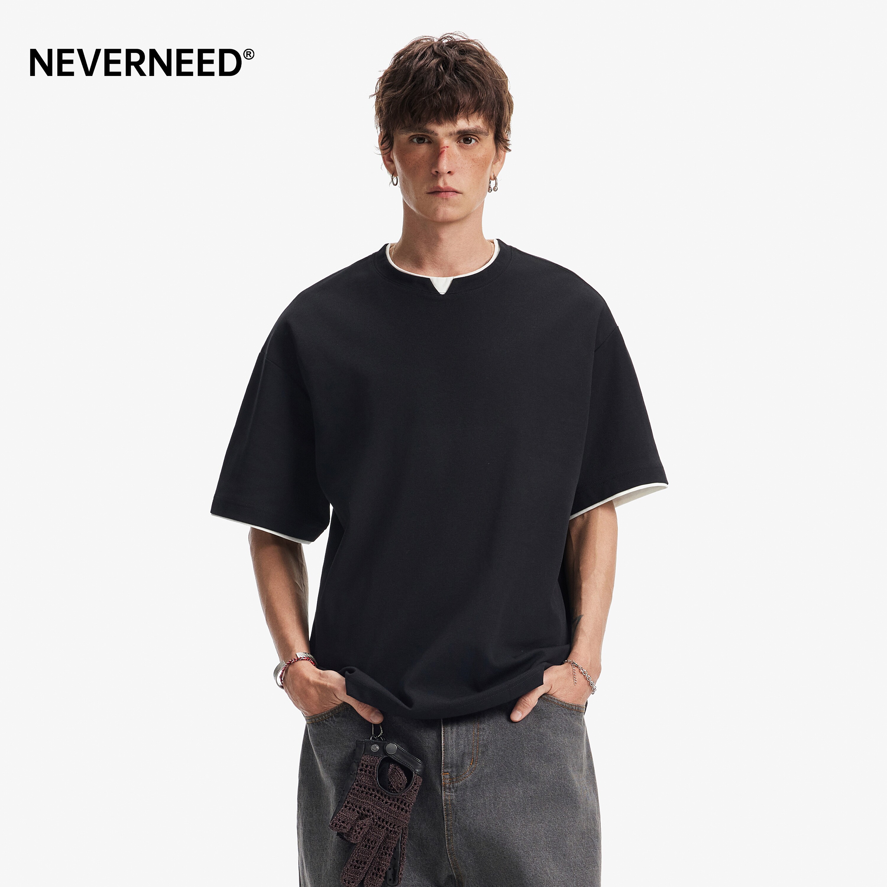 NEVERNEED假两件套头圆领T恤男图片