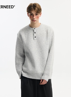 NEVERNEED亨利领套头毛衣男秋冬季美式慵懒风含绵羊毛针织衫外套
