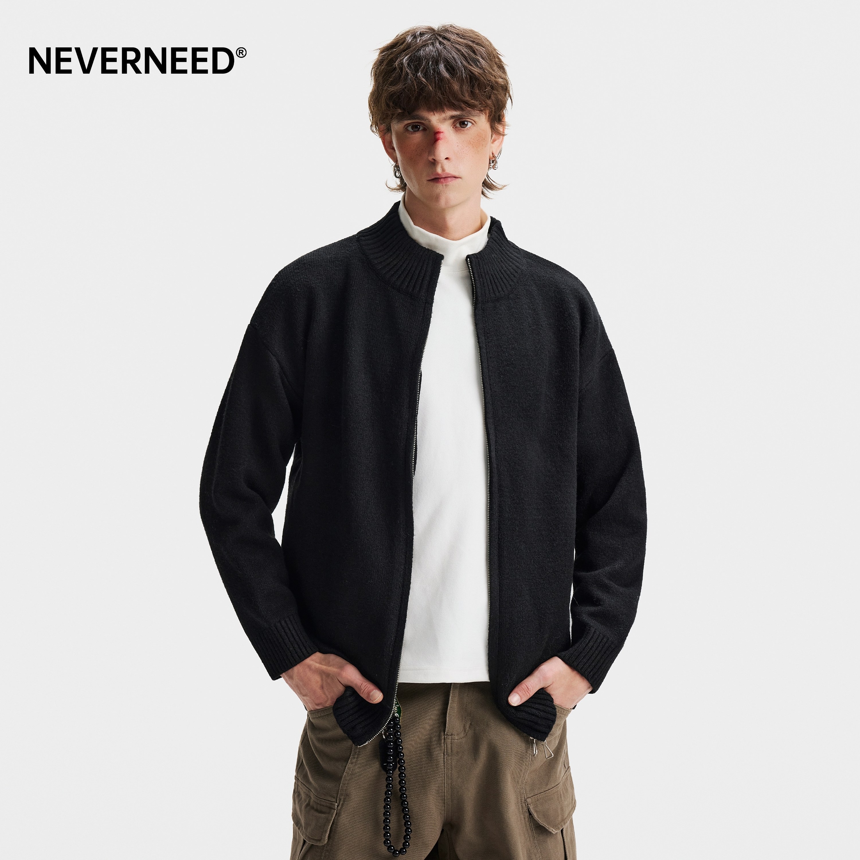 NEVERNEED绵羊毛开衫针织毛衣男女冬季美式慵懒风情侣立领外套潮,男装,针织衫/毛衣,淘宝优惠券,粉丝福利购,淘宝优惠卷