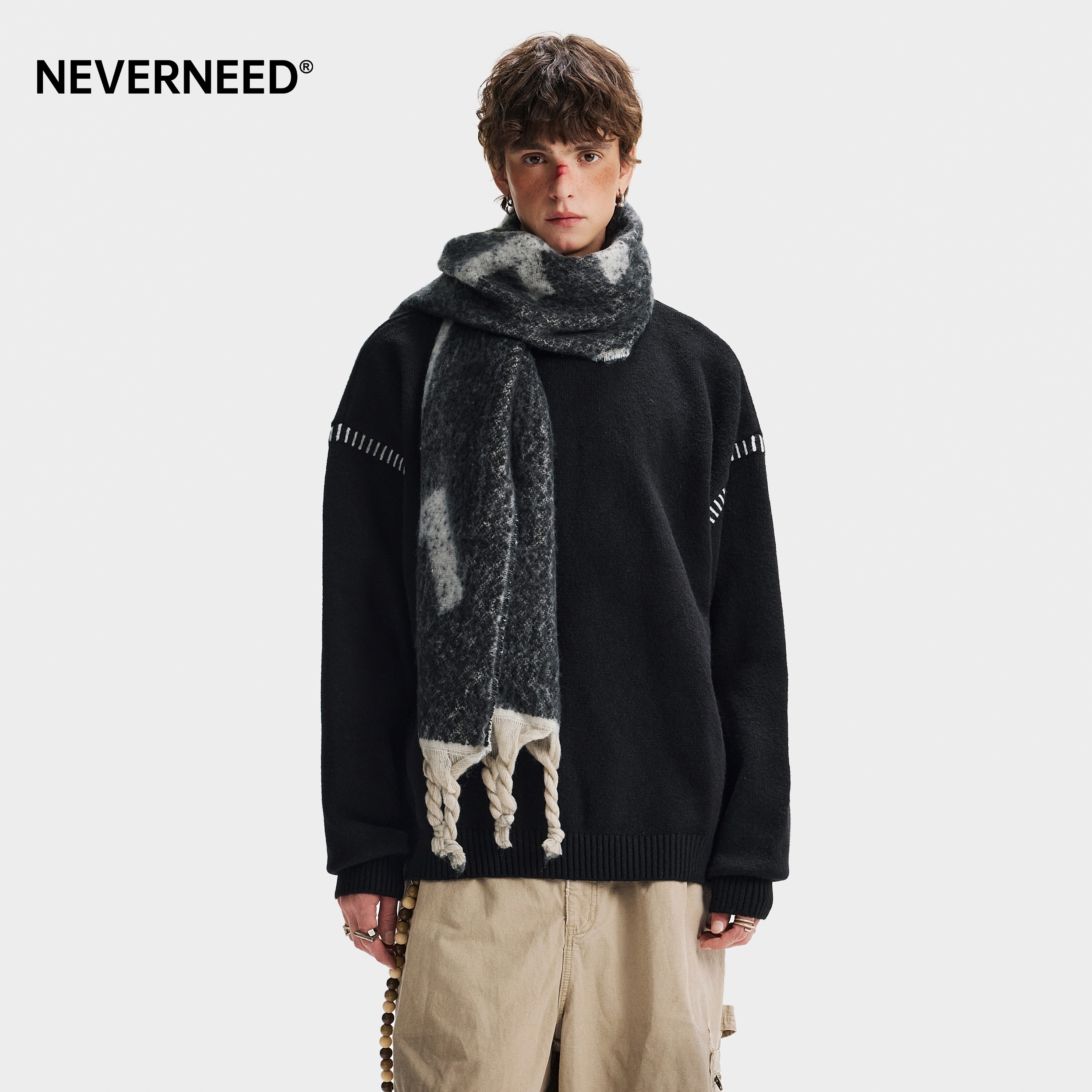 NEVERNEED手缝线套头圆领毛衣男女冬季美式简约休闲情侣针织衫潮,男装,针织衫/毛衣,淘宝优惠券,粉丝福利购,淘宝优惠卷