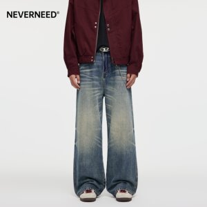 NEVERNEED美式街头直筒牛仔裤男