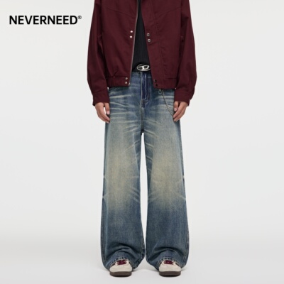 NEVERNEED美式街头直筒牛仔裤男