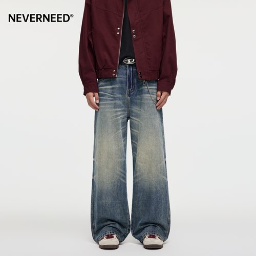NEVERNEED美式街头直筒牛仔裤男