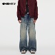 NEVERNEED美式 水洗做旧战斗牛王A字裤 高街立体猫须牛仔裤 男女秋季