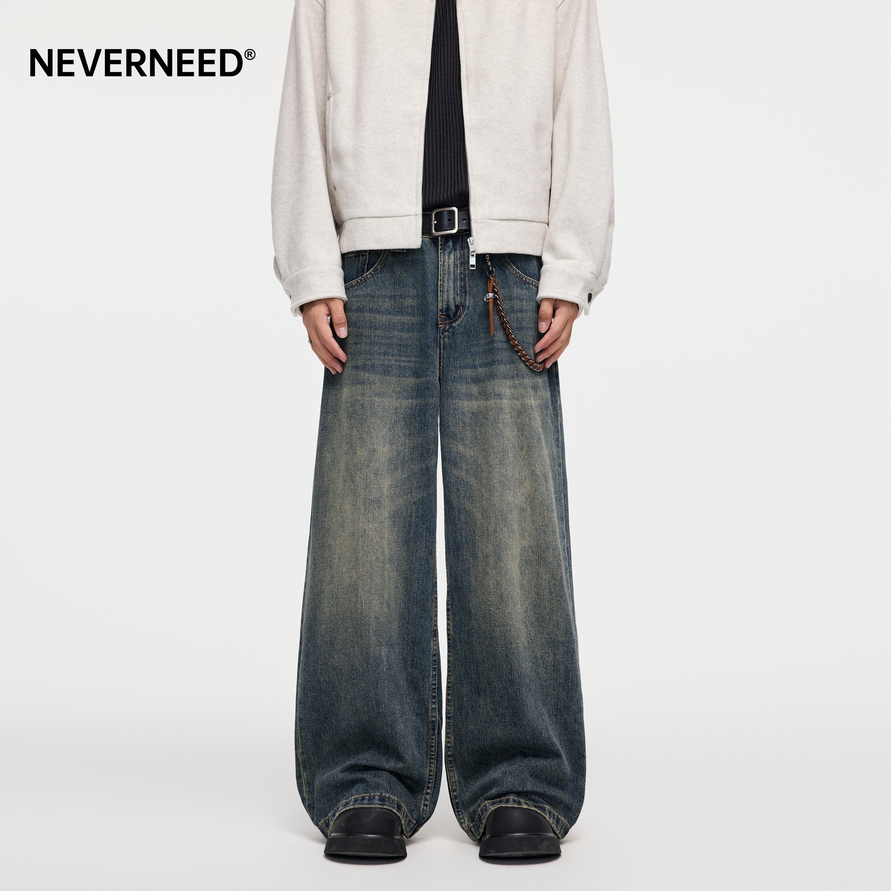 NEVERNEED水洗做旧直筒牛仔裤男女秋季美式复古vintage宽松A字裤