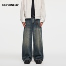 复古vintage宽松A字裤 美式 男女秋季 NEVERNEED水洗做旧直筒牛仔裤