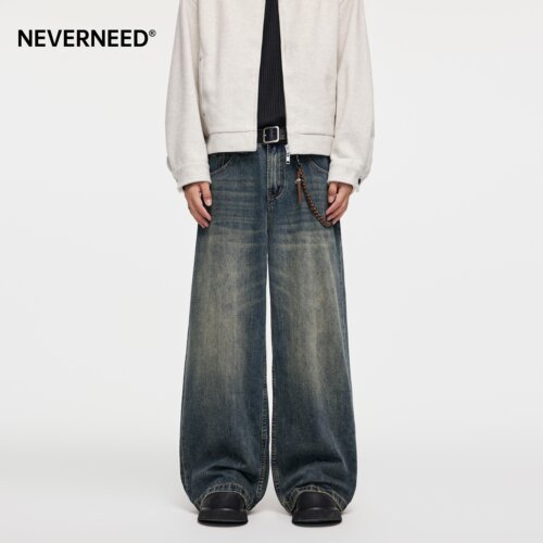 NEVERNEED水洗做旧直筒牛仔裤男