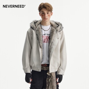 NEVERNEED座山雕PU皮棉服男女春季美式复古加厚保暖情侣机车夹克