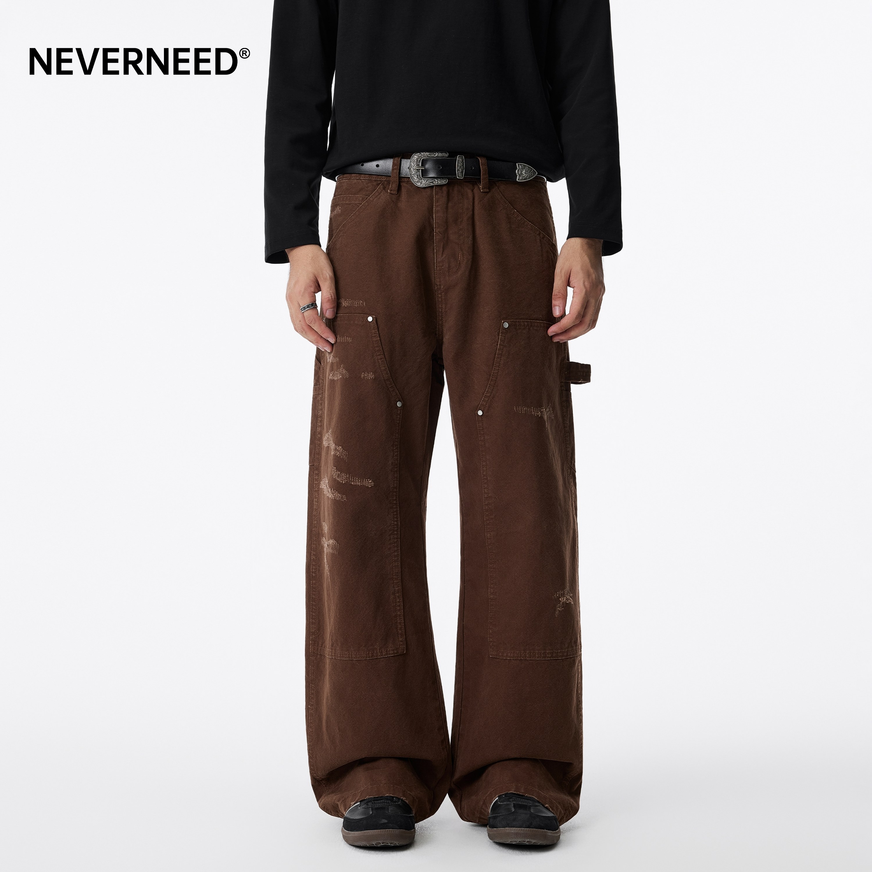 NEVERNEED拼接解构工装牛仔裤男图片