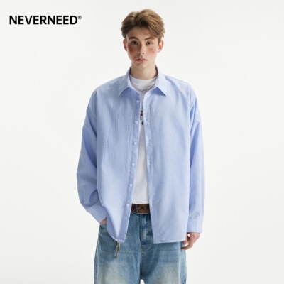 NEVERNEED竖条纹翻领衬衫男女