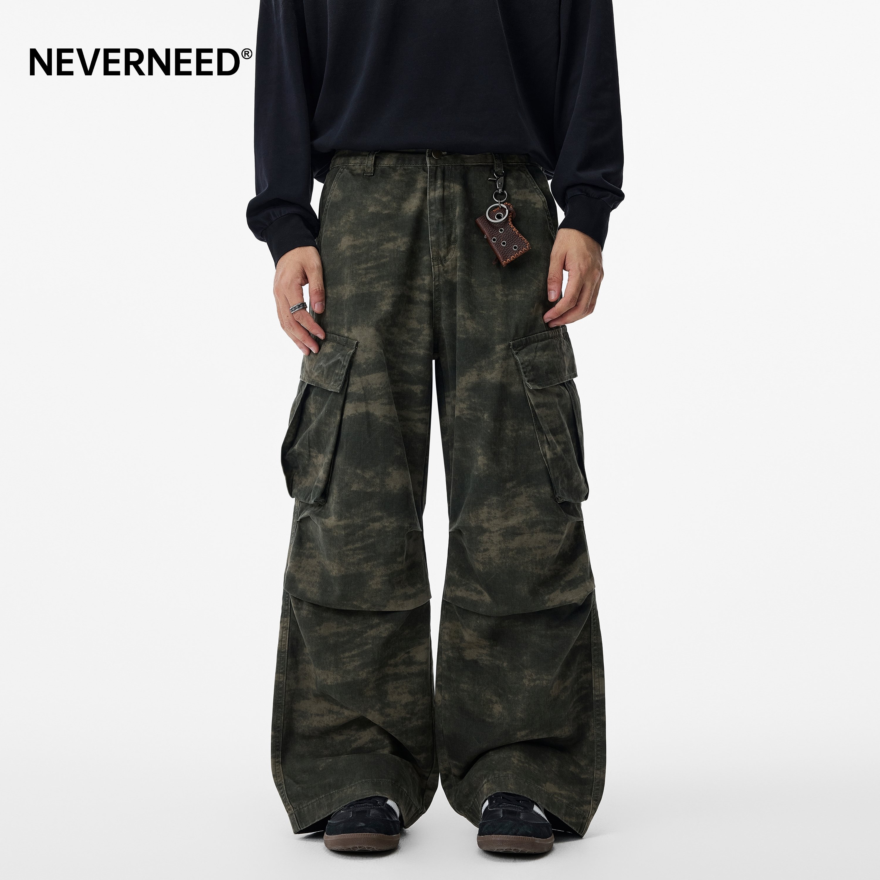 NEVERNEED扎染迷彩直筒休闲裤男女秋季美式多口袋褶皱伞兵阔腿裤,男装,休闲裤,淘宝优惠券,粉丝福利购,淘宝优惠卷