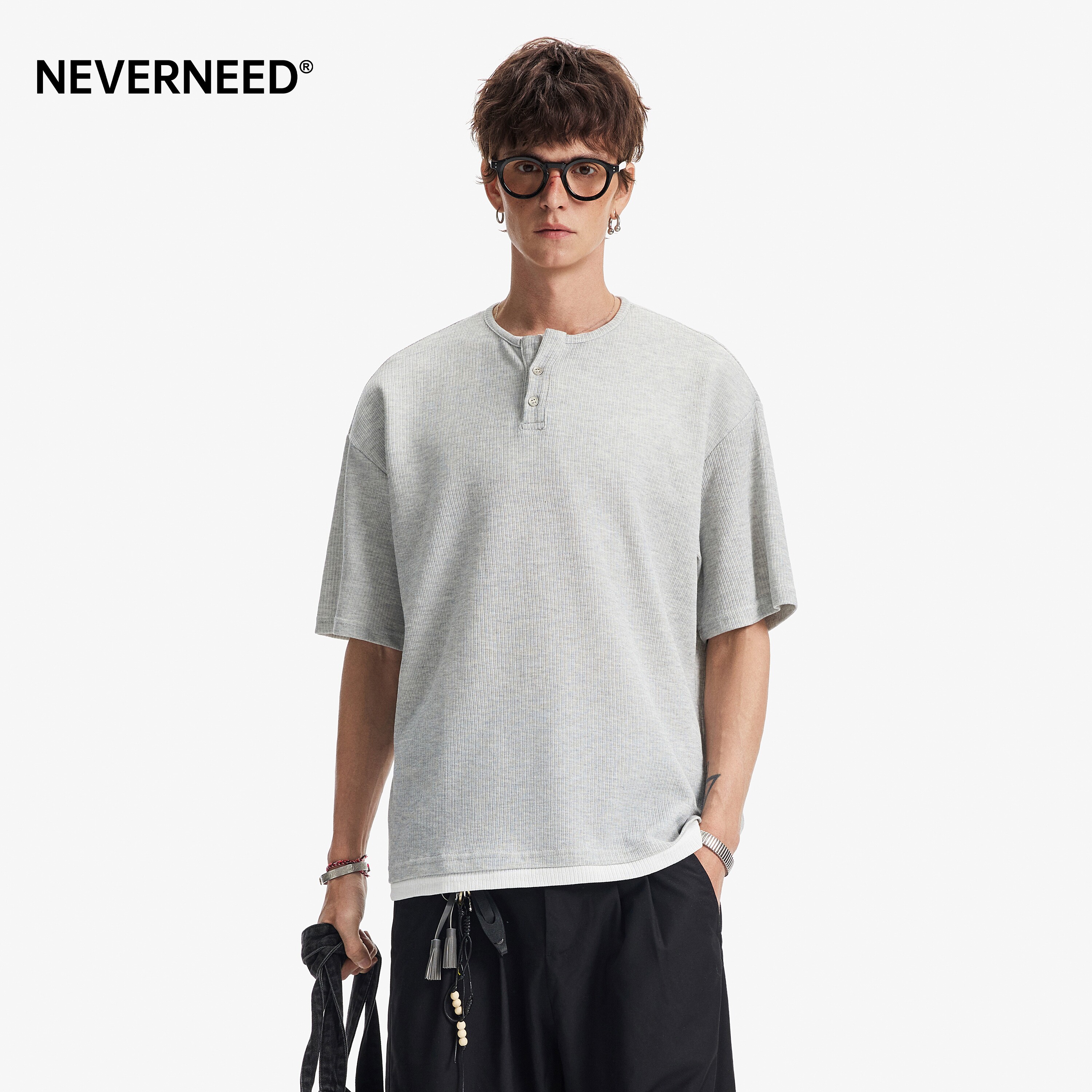 NEVERNEED假两件亨利领短袖T恤男图片