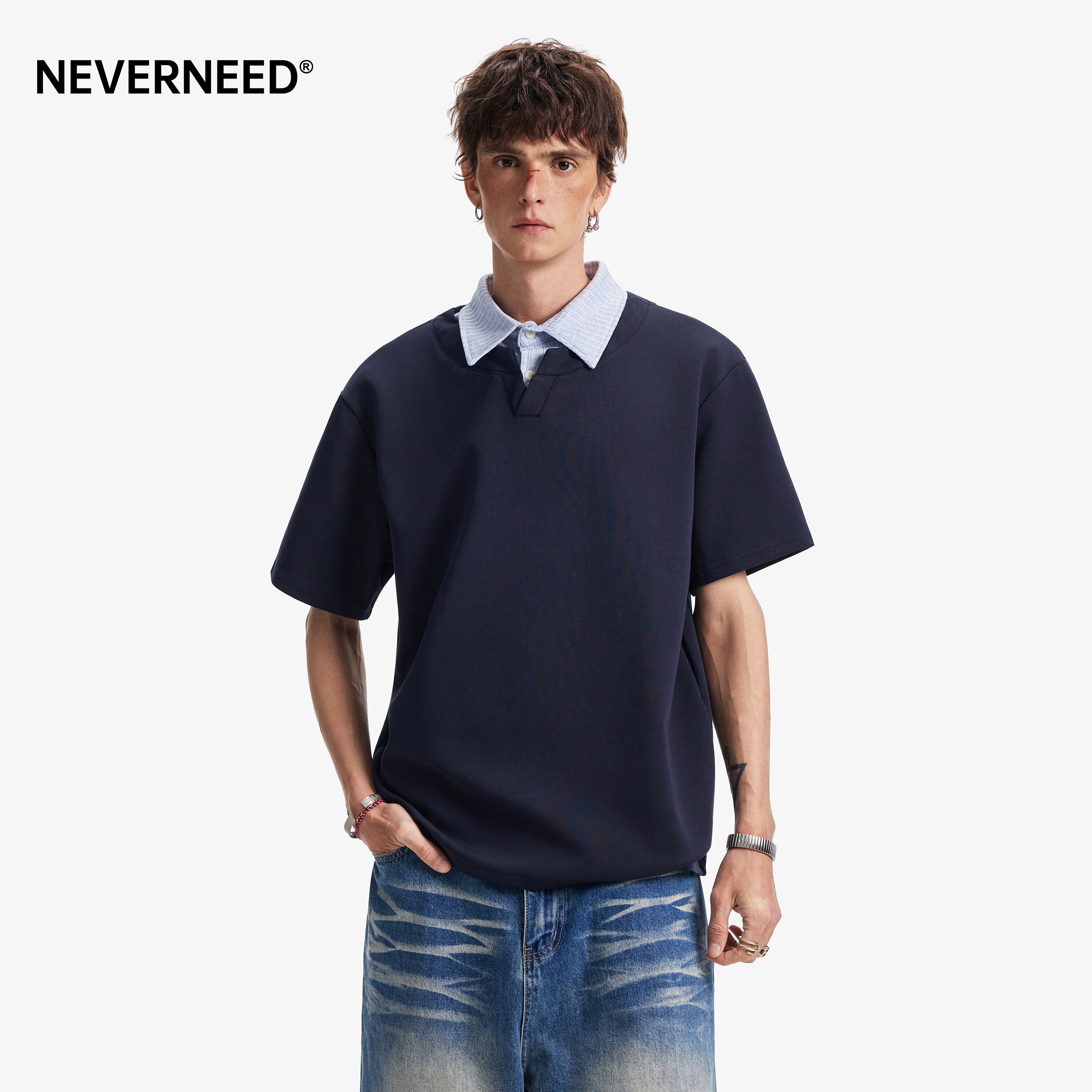 NEVERNEED假两件条纹翻领T恤男图片